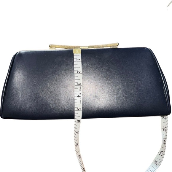 Vintage 50’s-60’s Navy Blue Trapezoid Dorris Day Clutch With Gold Hardware - Picture 7 of 8